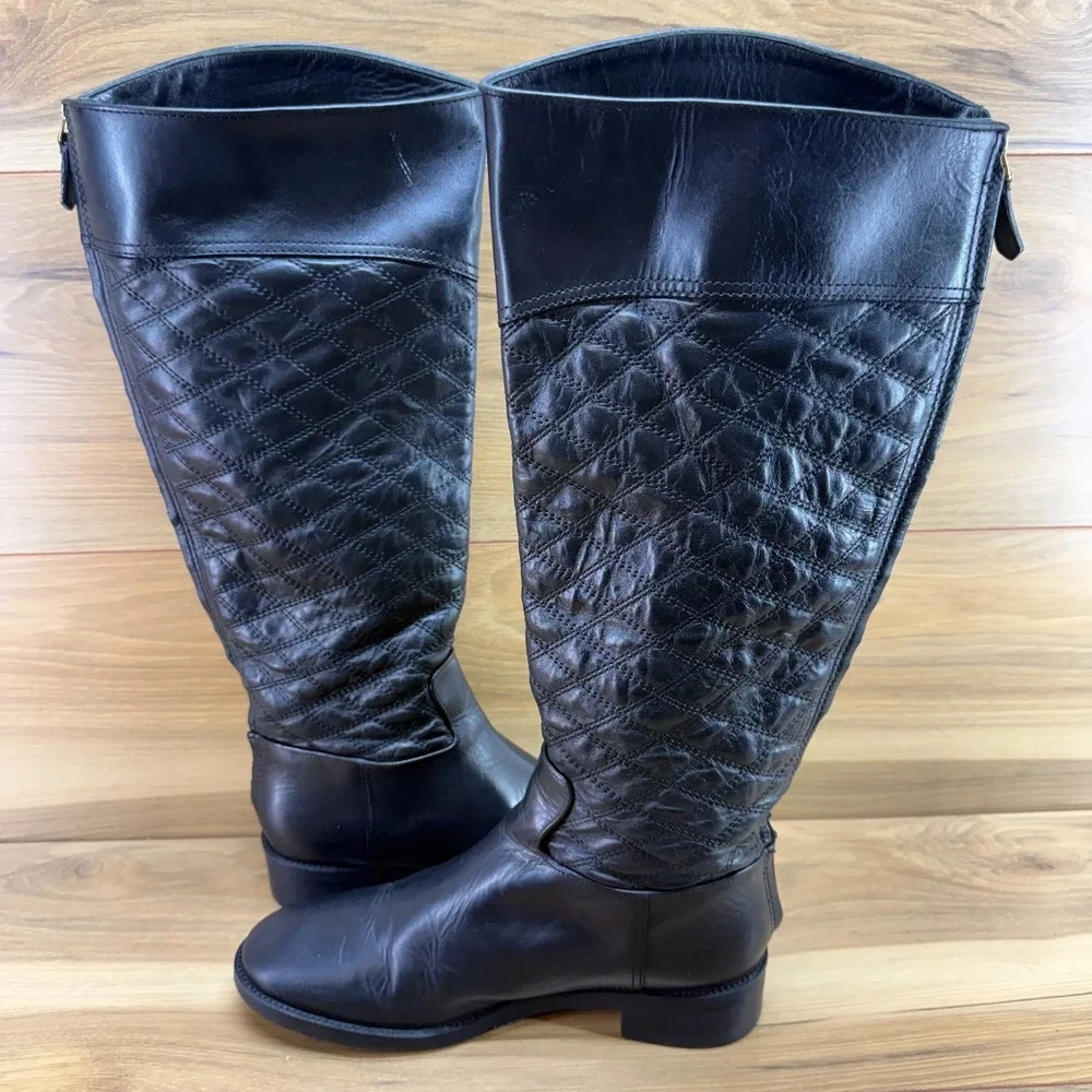 Tory Burch Claremont Tall Quilted Boots 9 M Black Leather Back Zip Riding Knee